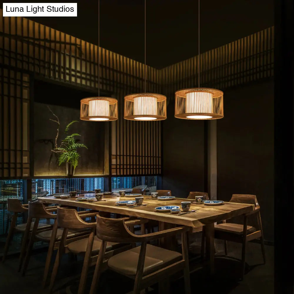 Modern Bamboo Drum Pendant Light - Sleek Round Design For Restaurants Wood Ceiling Hanging
