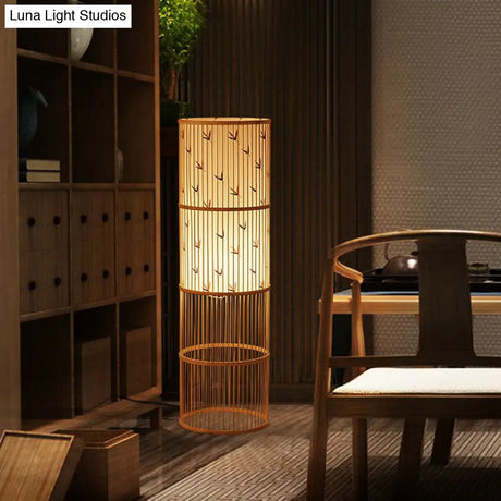 Modern Bamboo Floor Lamp - Single Cylindrical Standing Light For Living Room