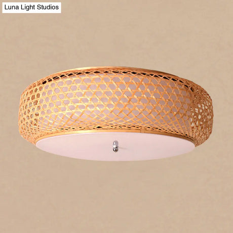 Modern Bamboo Flush Mount Ceiling Light Fixture For Dining Room - Wood Finish
