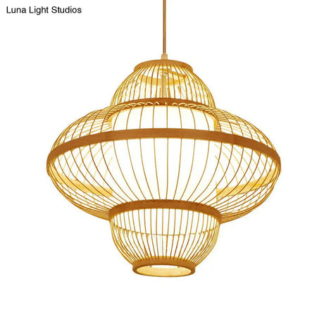 Modern Bamboo Lantern Pendant Light For Restaurants - Single Wood Hanging Ceiling Fixture