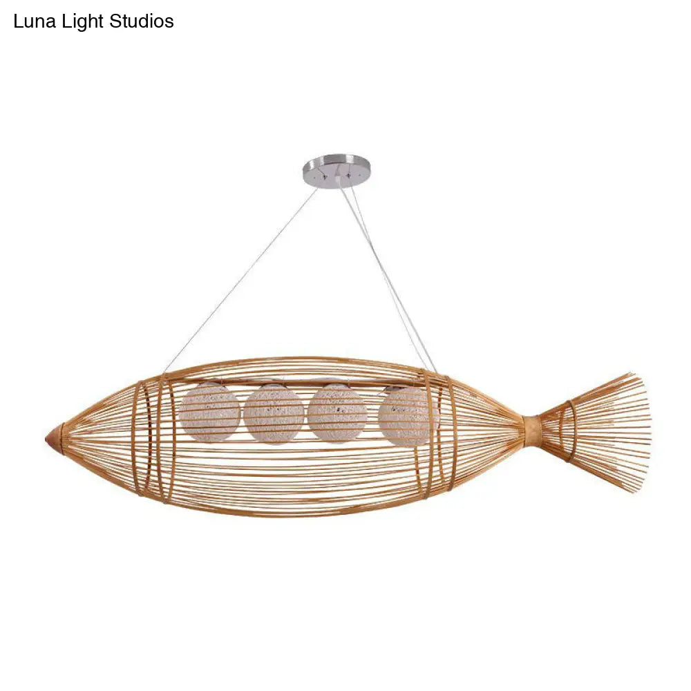 Modern Bamboo Wood Chandelier Light Fixture With Fish-Inspired Ceiling Lighting - 4 Bulbs