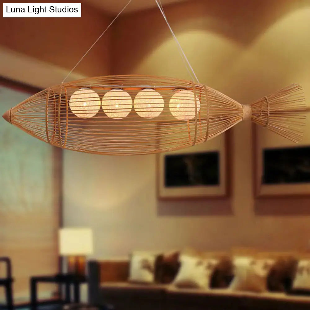 Modern Bamboo Wood Chandelier Light Fixture With Fish-Inspired Ceiling Lighting - 4 Bulbs