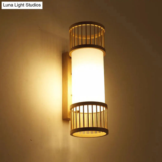 Modern Bamboo Wood Wall Light Fixture For Corridor - Cylindrical Mount Single
