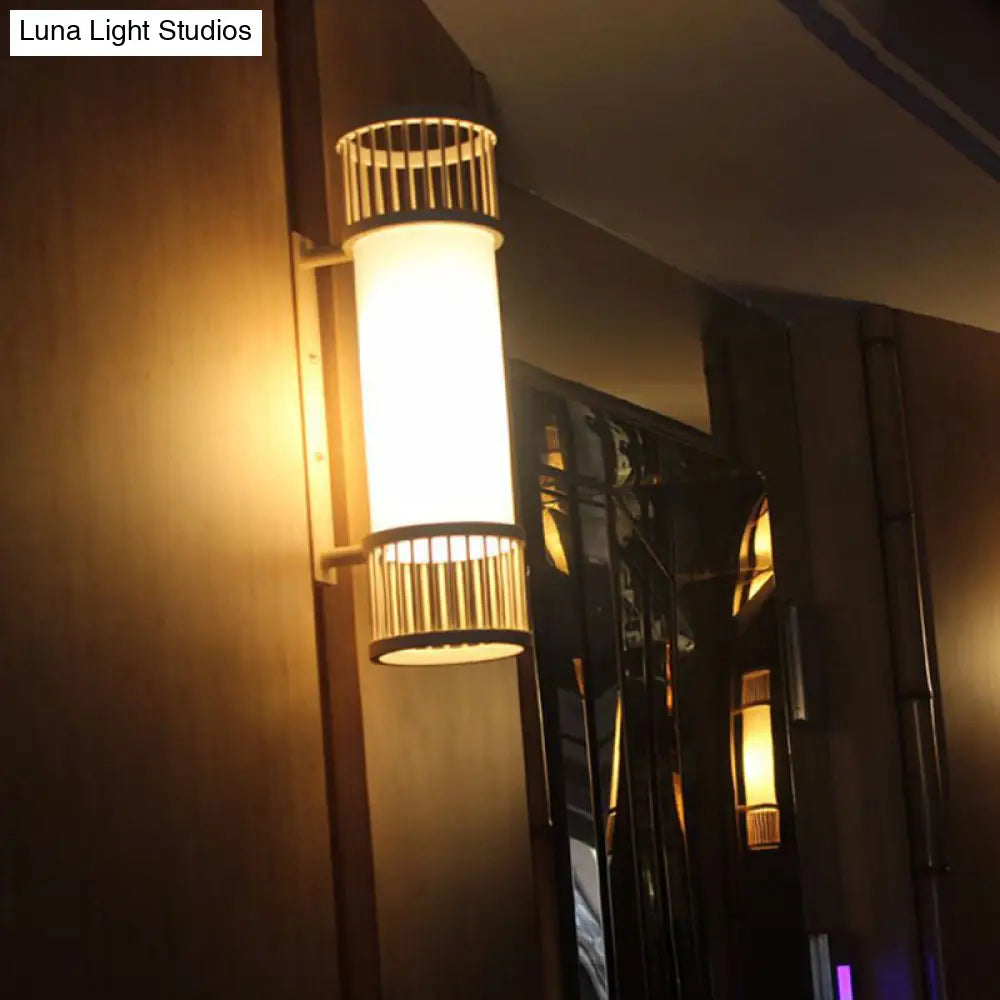 Modern Bamboo Wood Wall Light Fixture For Corridor - Cylindrical Mount Single