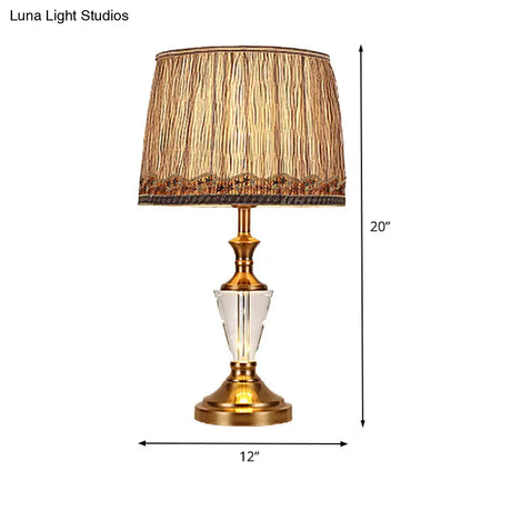 Modern Barrel Fabric Desk Lamp: Brown Night Table Light With Metallic Base