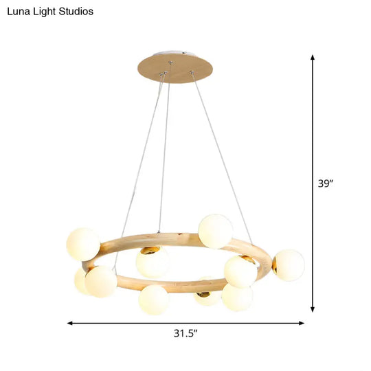 Beige Global Ceiling Lamp: Modern Frosted Glass Pendant Chandelier With Wood Circular Design (8/10