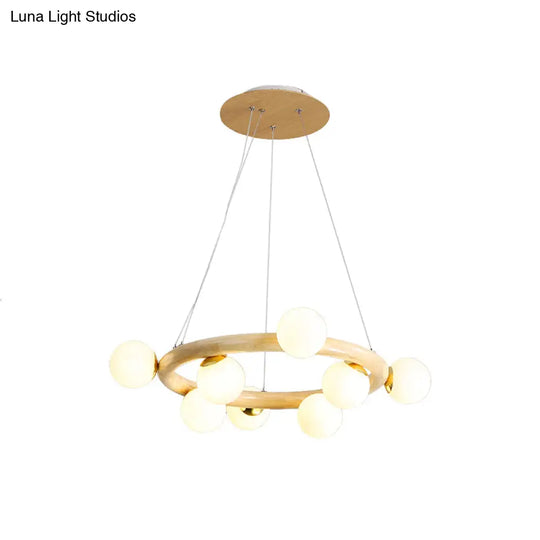 Beige Global Ceiling Lamp: Modern Frosted Glass Pendant Chandelier With Wood Circular Design (8/10
