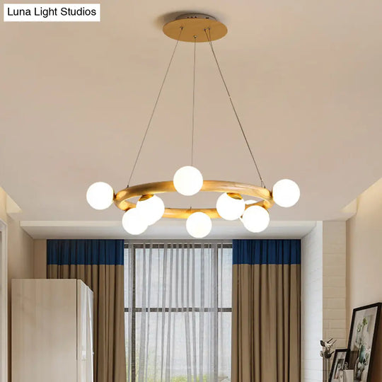 Beige Global Ceiling Lamp: Modern Frosted Glass Pendant Chandelier With Wood Circular Design (8/10