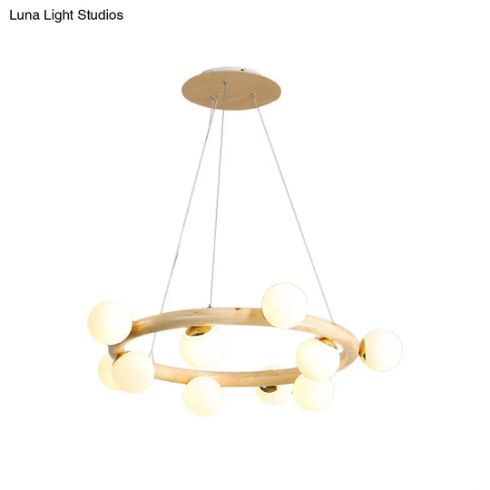 Beige Global Ceiling Lamp: Modern Frosted Glass Pendant Chandelier With Wood Circular Design (8/10
