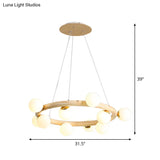 Modern Beige Ceiling Lamp With Frosted Glass Chandelier And Wood Circular Design – 8/10 Bulbs
