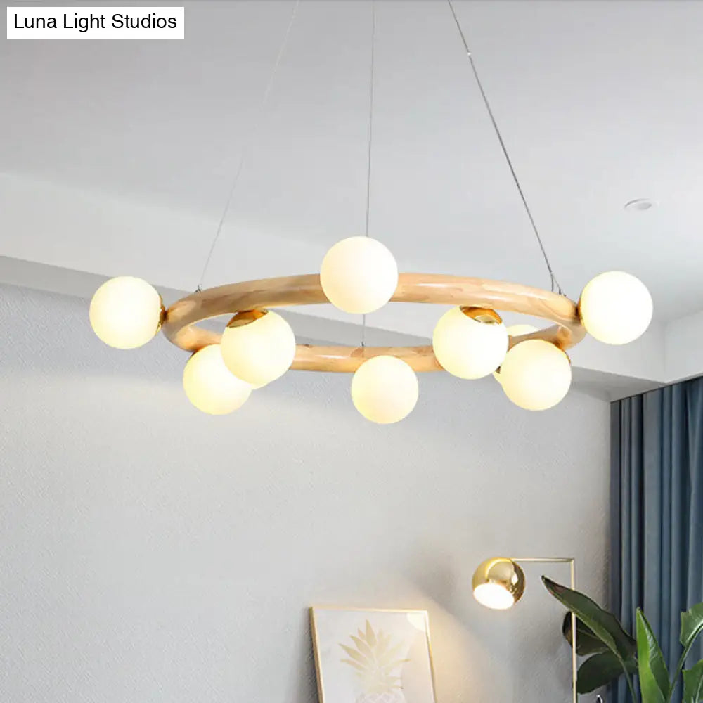 Beige Global Ceiling Lamp: Modern Frosted Glass Pendant Chandelier With Wood Circular Design (8/10