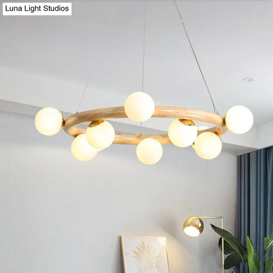 Beige Global Ceiling Lamp: Modern Frosted Glass Pendant Chandelier With Wood Circular Design (8/10
