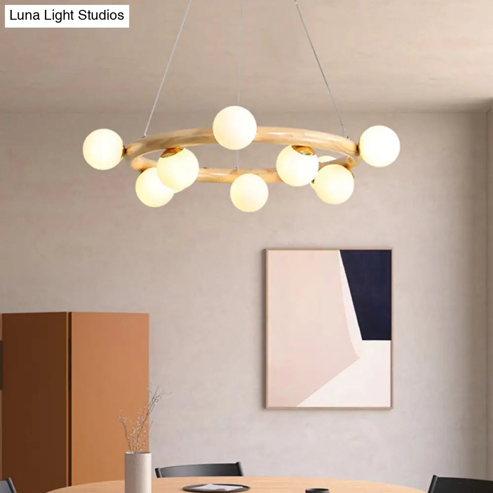 Beige Global Ceiling Lamp: Modern Frosted Glass Pendant Chandelier With Wood Circular Design (8/10