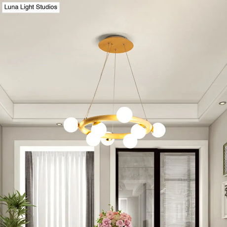 Modern Beige Ceiling Lamp With Frosted Glass Chandelier And Wood Circular Design – 8/10 Bulbs