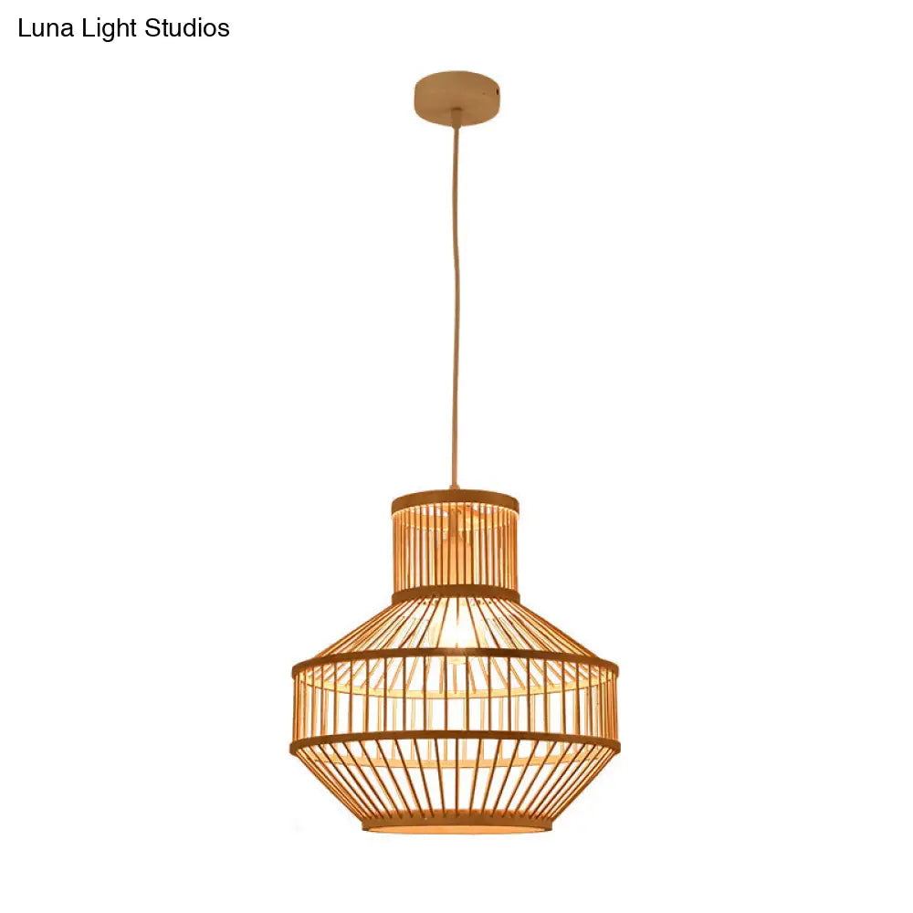 Modern Beige Ceiling Lamp With Round Bamboo Shade - 1 Light Dining Room Pendant