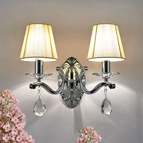 Modern Beige Cone Corner Fabric Wall Sconce With Chrome Curving Arm 2 /