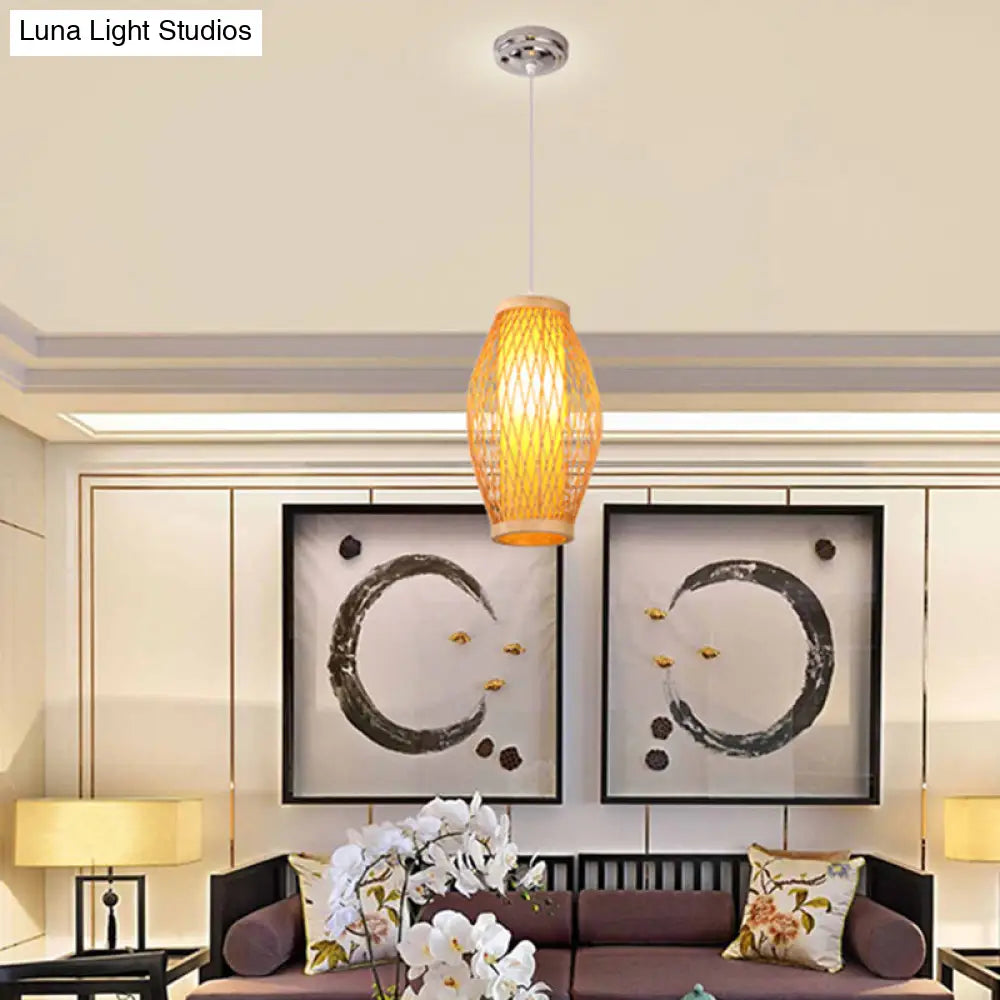Modern Beige Cross Woven Pendant Hanging Light With Oval Shade - 1 Head Bamboo Lamp