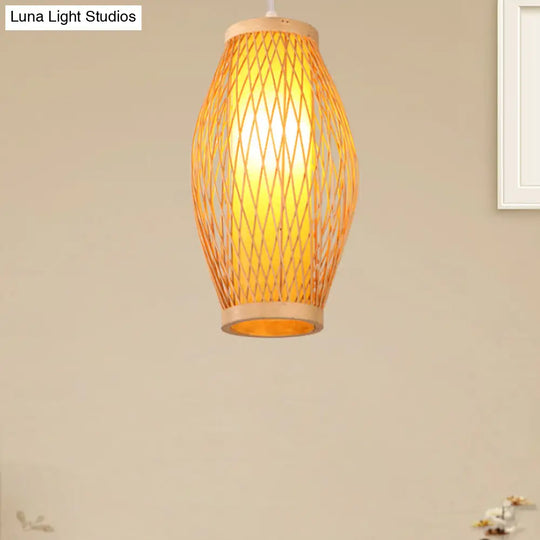 Modern Beige Cross Woven Pendant Hanging Light With Oval Shade - 1 Head Bamboo Lamp