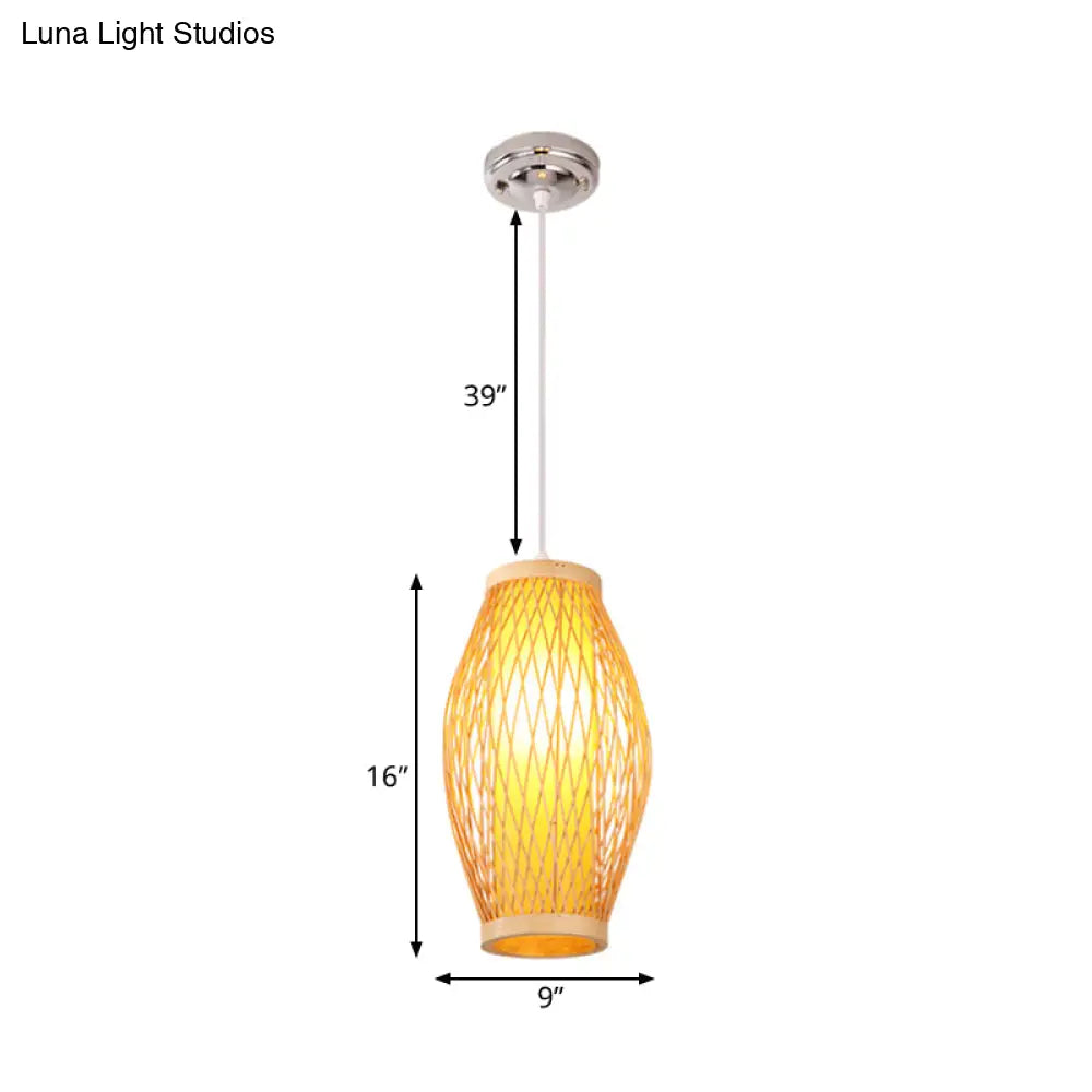 Modern Beige Cross Woven Pendant Hanging Light With Oval Shade - 1 Head Bamboo Lamp