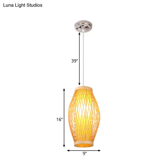 Modern Beige Cross Woven Pendant Hanging Light With Oval Shade - 1 Head Bamboo Lamp