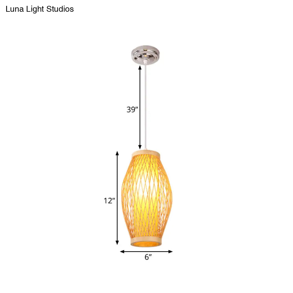 Modern Beige Cross Woven Pendant Hanging Light With Oval Shade - 1 Head Bamboo Lamp