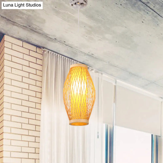 Modern Beige Cross Woven Pendant Hanging Light With Oval Shade - 1 Head Bamboo Lamp