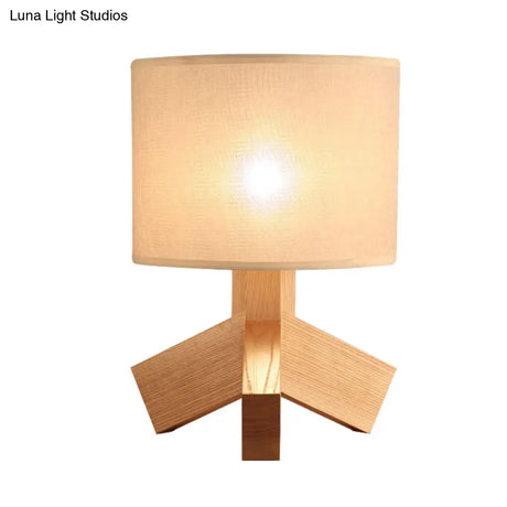 Modern Beige Desk Lamp - Tripod Base Wood Night Table Light With Drum Fabric Shade