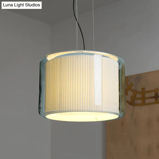 Modern Beige Fabric Drum Pendant Lamp With Glass Shade - 1 Light
