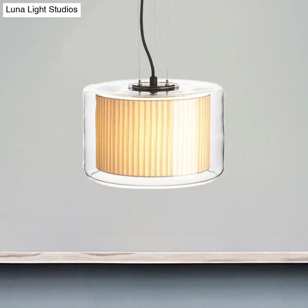 Gathered Fabric Drum Pendant Lamp: Modern Beige 1-Light With Transparent Glass Shade