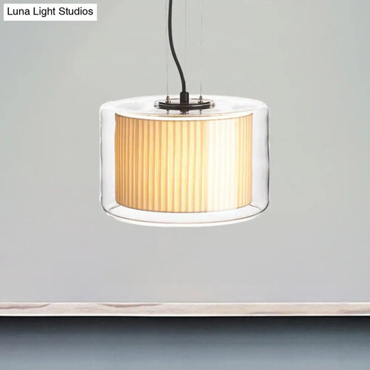 Gathered Fabric Drum Pendant Lamp: Modern Beige 1-Light With Transparent Glass Shade