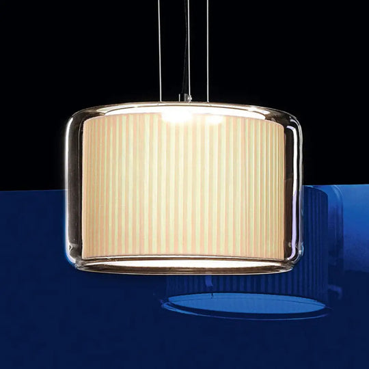 Modern Beige Fabric Drum Pendant Lamp With Glass Shade - 1 Light