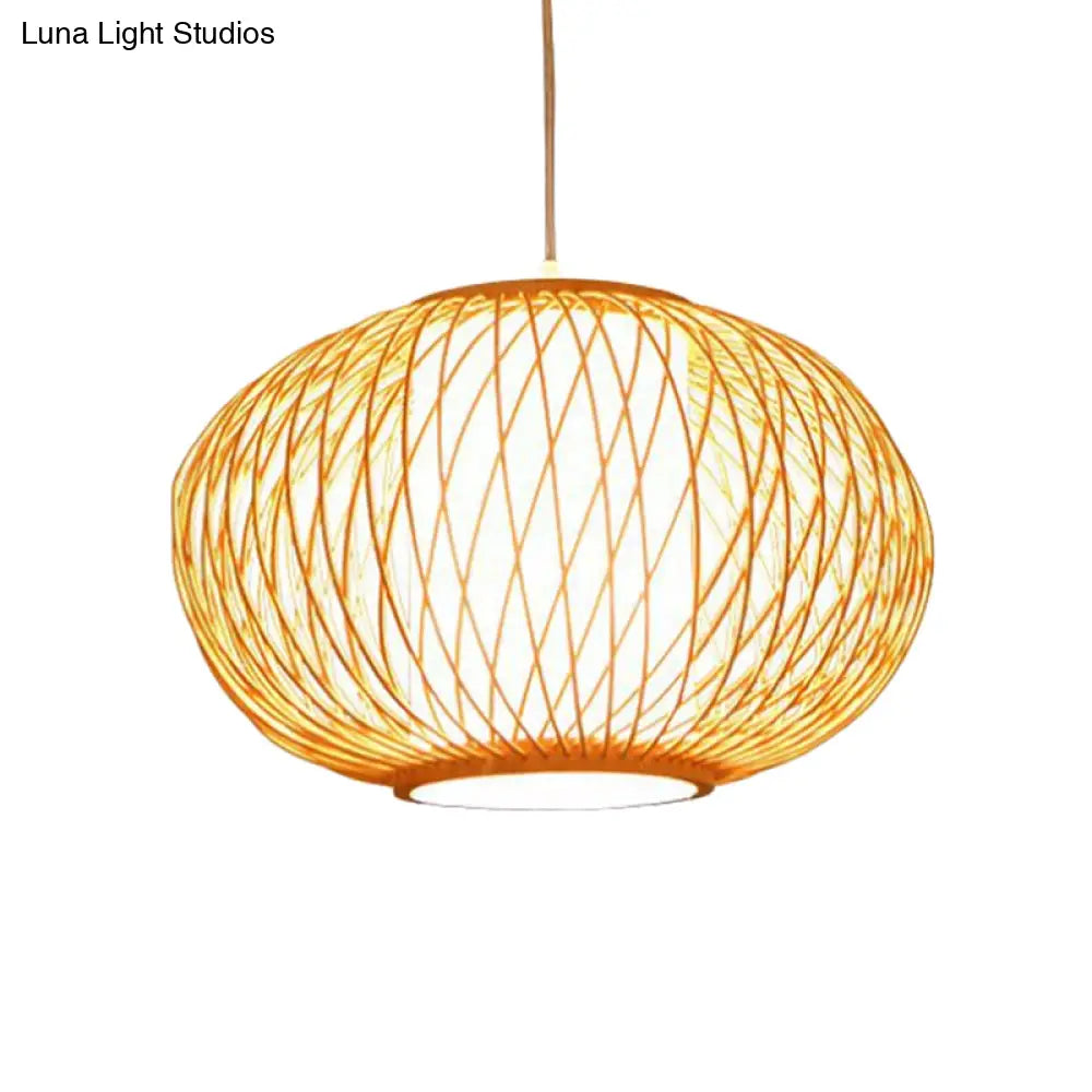 Modern Beige Hand-Knitted Hanging Bamboo Ceiling Lamp With Drum Shade - Perfect For Dining Room