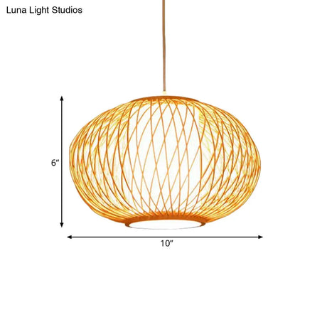 Modern Beige Hand-Knitted Hanging Bamboo Ceiling Lamp With Drum Shade - Perfect For Dining Room