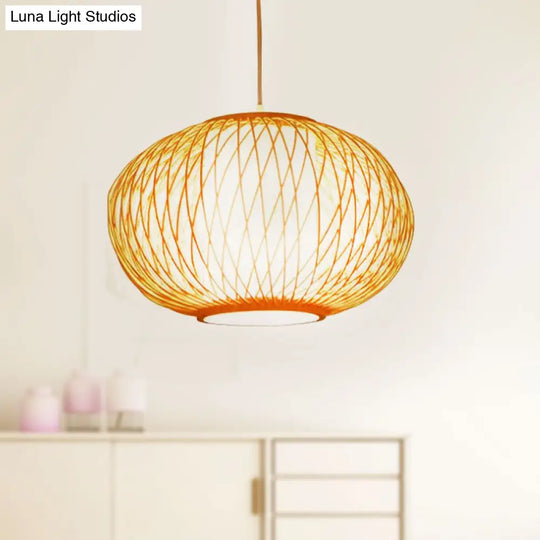 Modern Beige Hand-Knitted Hanging Bamboo Ceiling Lamp With Drum Shade - Perfect For Dining Room