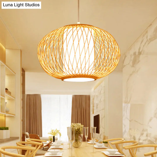 Modern Beige Hand-Knitted Hanging Bamboo Ceiling Lamp With Drum Shade - Perfect For Dining Room