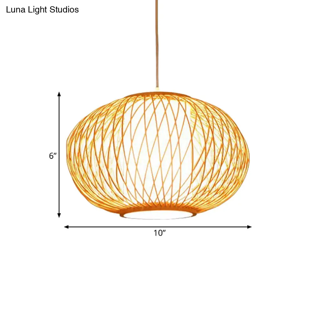 Modern Beige Hand-Knitted Hanging Bamboo Ceiling Lamp With Drum Shade - Perfect For Dining Room