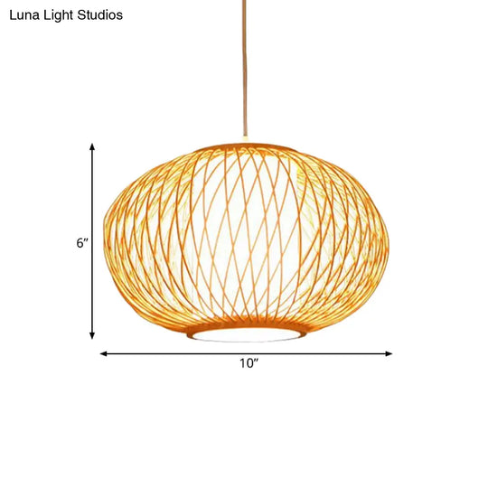 Modern Beige Hand-Knitted Hanging Bamboo Ceiling Lamp With Drum Shade - Perfect For Dining Room