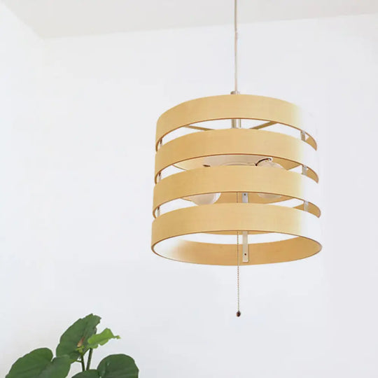 Modern Beige Pendant Chandelier With Pull Chain - Wood Cylinder Frame 2 Bulbs Included