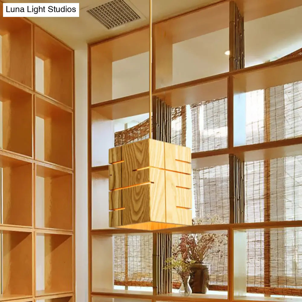 Modern Beige Pendant Lamp With Wood Shade - Ideal For Restaurants