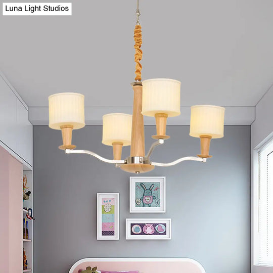 Modern Beige Radial Ceiling Chandelier - 4-Head Wood Hanging Fixture With Cream Glass Shade