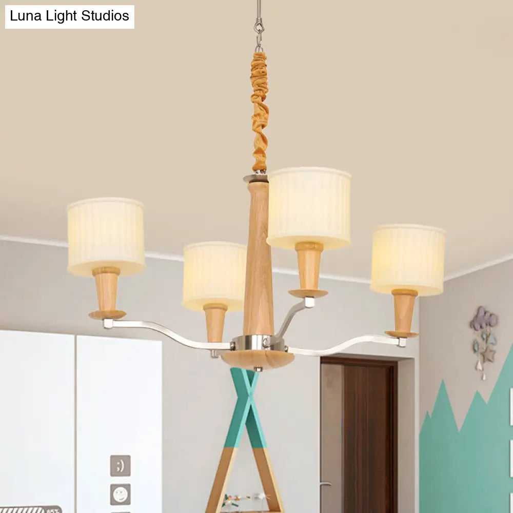 Modern Beige Radial Chandelier With Cream Glass Drum Shade And 4 Wooden Heads