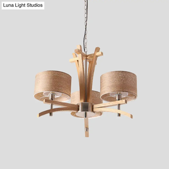 Modernist Wood Pendant Chandelier - Beige Radial Ceiling Light With 3/6 Suspended Lights And Shade