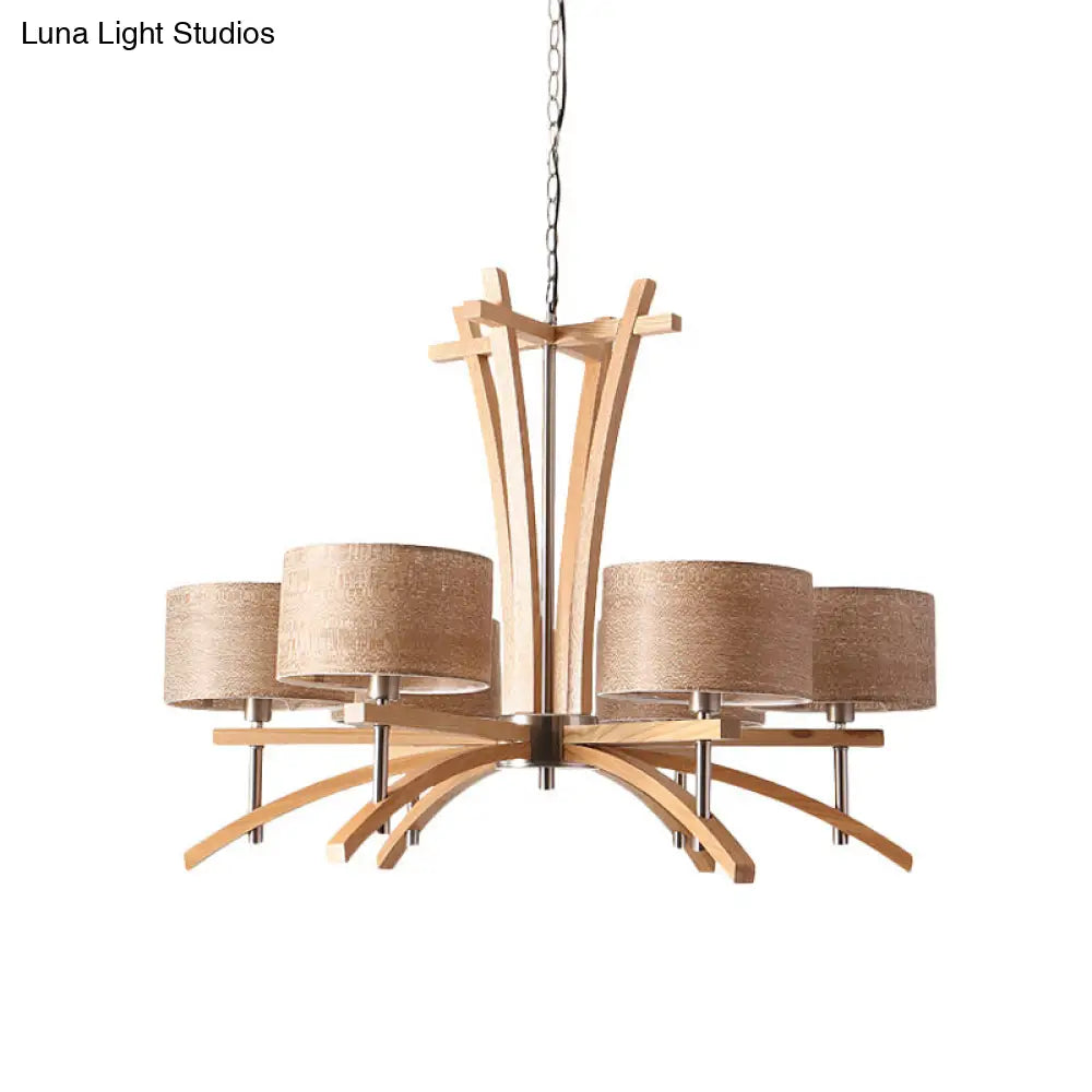 Modernist Wood Pendant Chandelier - Beige Radial Ceiling Light With 3/6 Suspended Lights And Shade