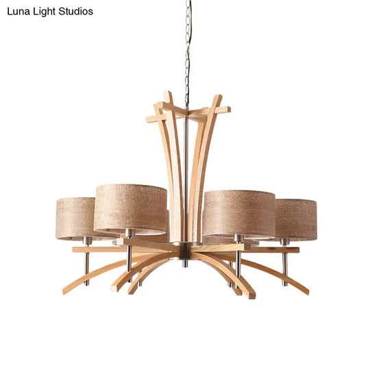 Modernist Wood Pendant Chandelier - Beige Radial Ceiling Light With 3/6 Suspended Lights And Shade
