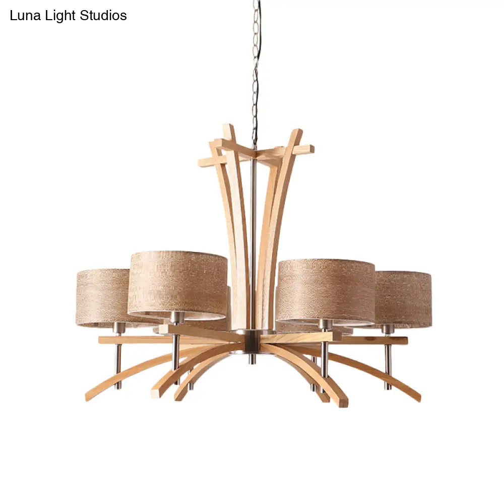 Modern Beige Radial Chandelier With Wood Suspended Shades - 3/6 Lights Pendant Lamp