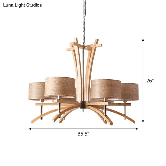 Modernist Wood Pendant Chandelier - Beige Radial Ceiling Light With 3/6 Suspended Lights And Shade