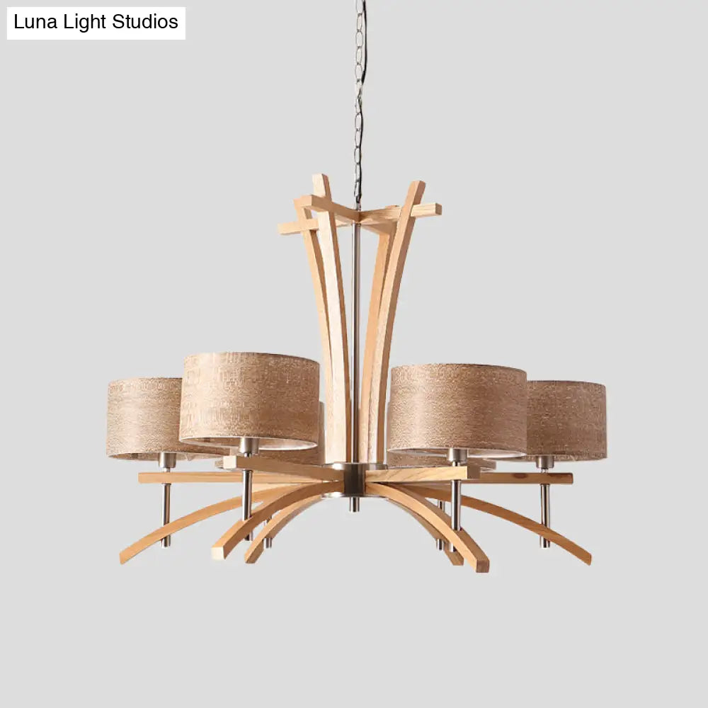 Modern Beige Radial Chandelier With Wood Suspended Shades - 3/6 Lights Pendant Lamp