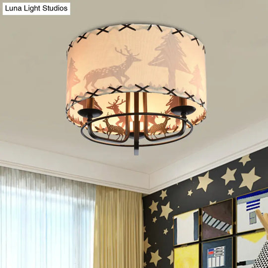 Modern Beige Semi Flush Ceiling Lamp With Drum Fabric Shade - 3-Bulb Kids Room Fixture