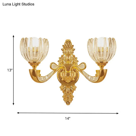 Modern Beveled Crystal Dome Sconce Light Fixture: Gold 1/2-Bulb Wall Lamp For The Bedroom