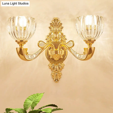Modern Beveled Crystal Dome Sconce Light Fixture: Gold 1/2-Bulb Wall Lamp For The Bedroom